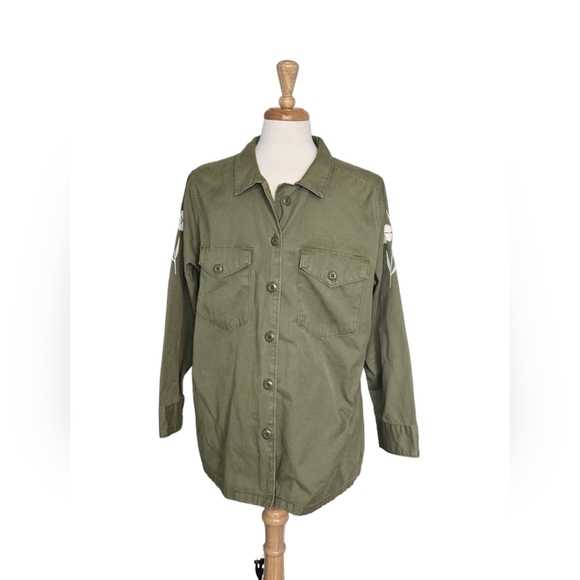 Levi’s 2X Olive Green Military Shirt Jacket Floral Embroidery Utility Shacket - Picture 3 of 11